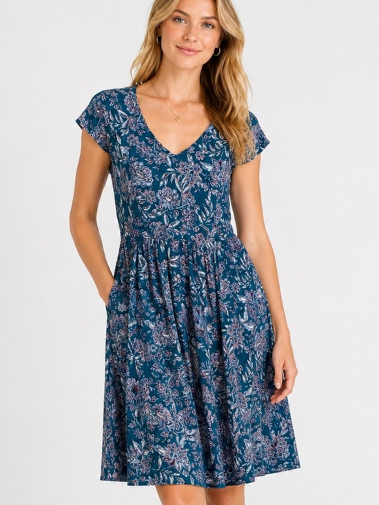 Garnet Hill Dresses & Skirts - Garnet Hill Teal Floral Dress XS 0 V Neck Pleated Pockets Lined Viscose